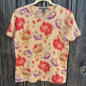 Saks Fifth Avenue Floral Short Sleeve 100% Cashmere Sweater Top Size M